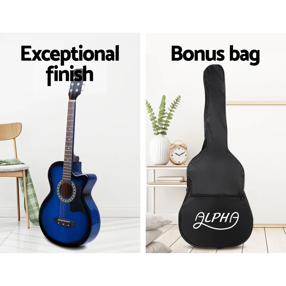 Alpha 38 Inch Acoustic Guitar Wooden Body Steel String Cutaway Blue - Image 4