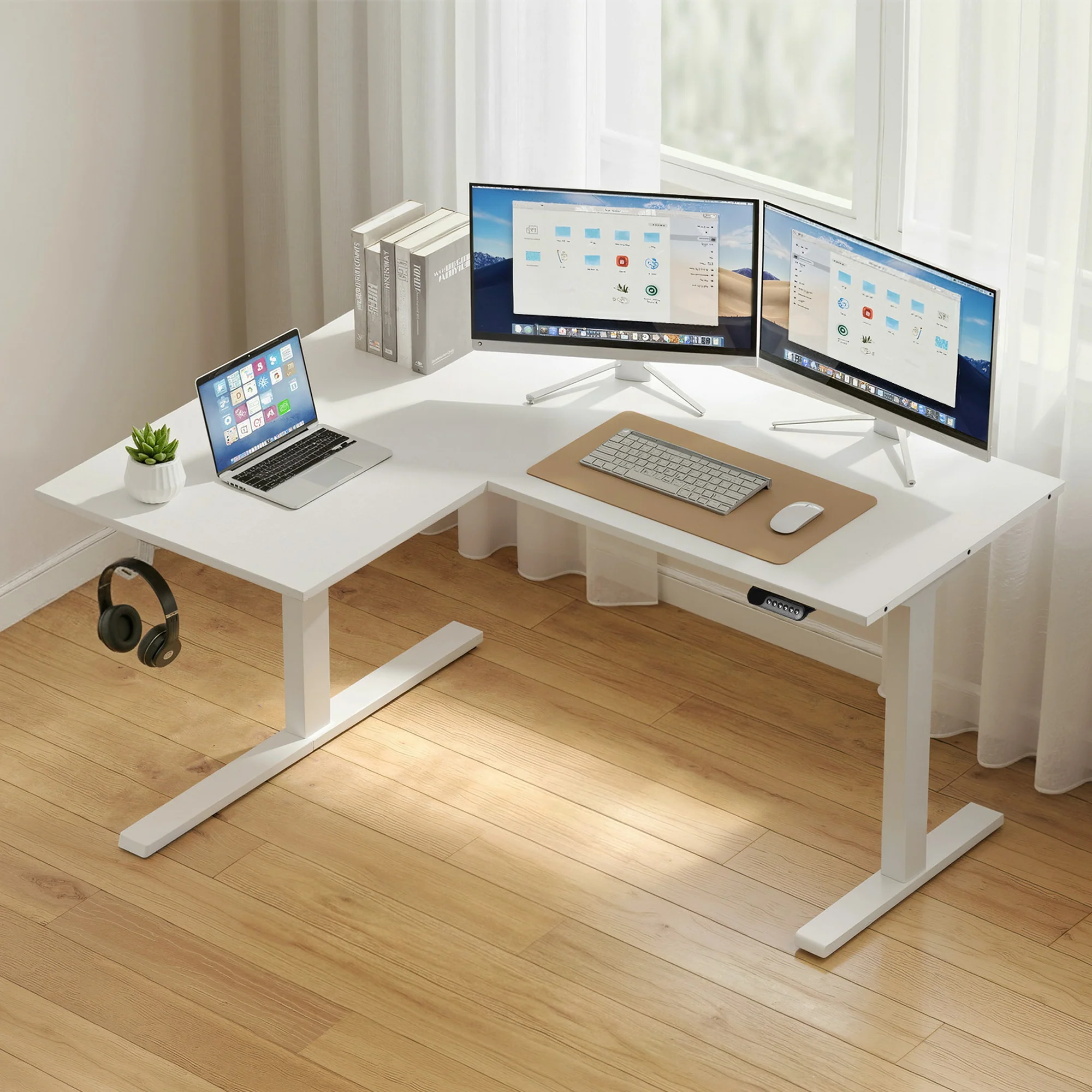 Artiss L‑Shape Electric Motorised Sit‑Stand Standing Desk Height Adjustable - White - Image 2