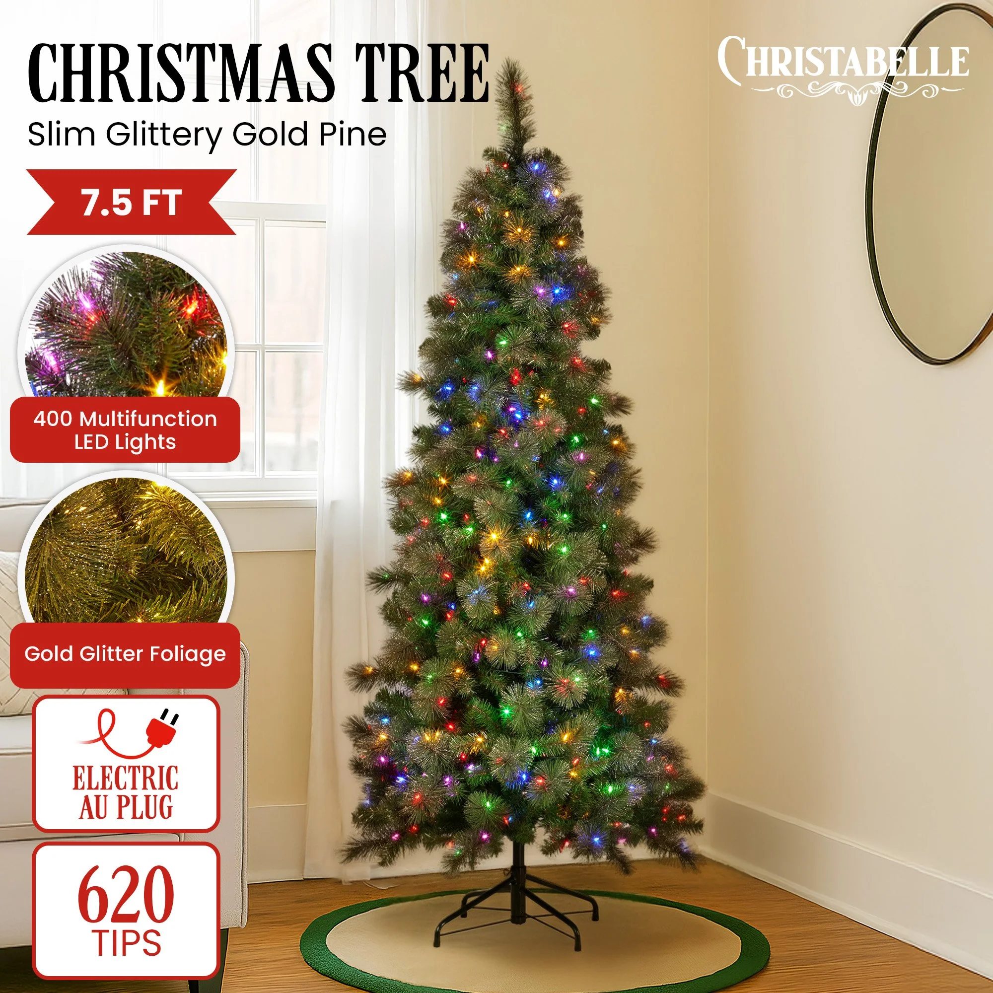 Christabelle 7.5ft Slim Gold Glitter Christmas Tree with LED Lights - Image 2