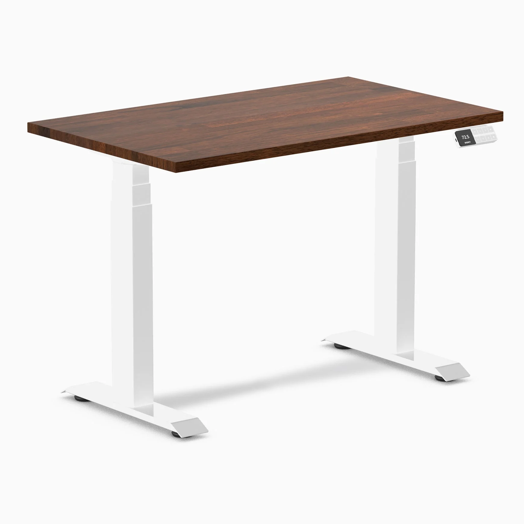 Desky Dual Mini Rubberwood Sit Stand Desk 100cm Walnut Desktop and White Frame
