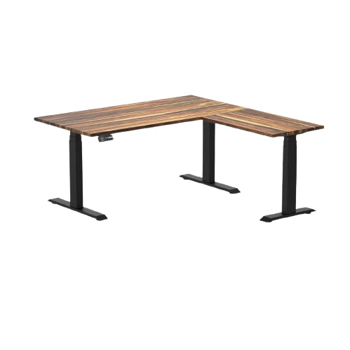 Desky Hardwood L-Shape Sit Stand Desk 150x155cm (Pheasantwood Top/Matte Black Leg)