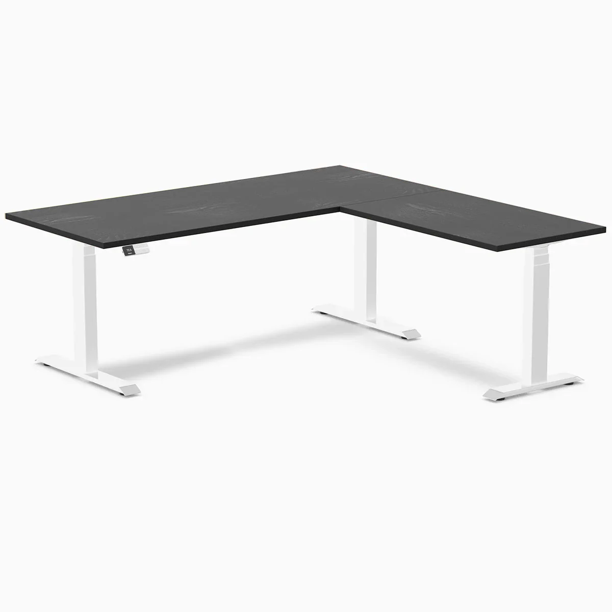 Desky Hardwood L-Shape Sit Stand Desk 180 x 175 cm Black Ash Top and White Leg