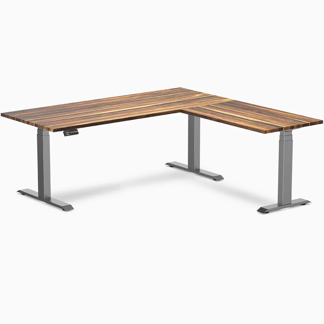 Desky Hardwood L-Shape Sit Stand Desk 180x175cm Pheasantwood and Space Grey Leg - Image 3