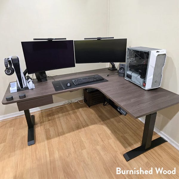 Desky L-Shape Melamine Sit Stand Desk 160cm - Left Return Burnished Wood Top and Matte Black Leg - Image 2