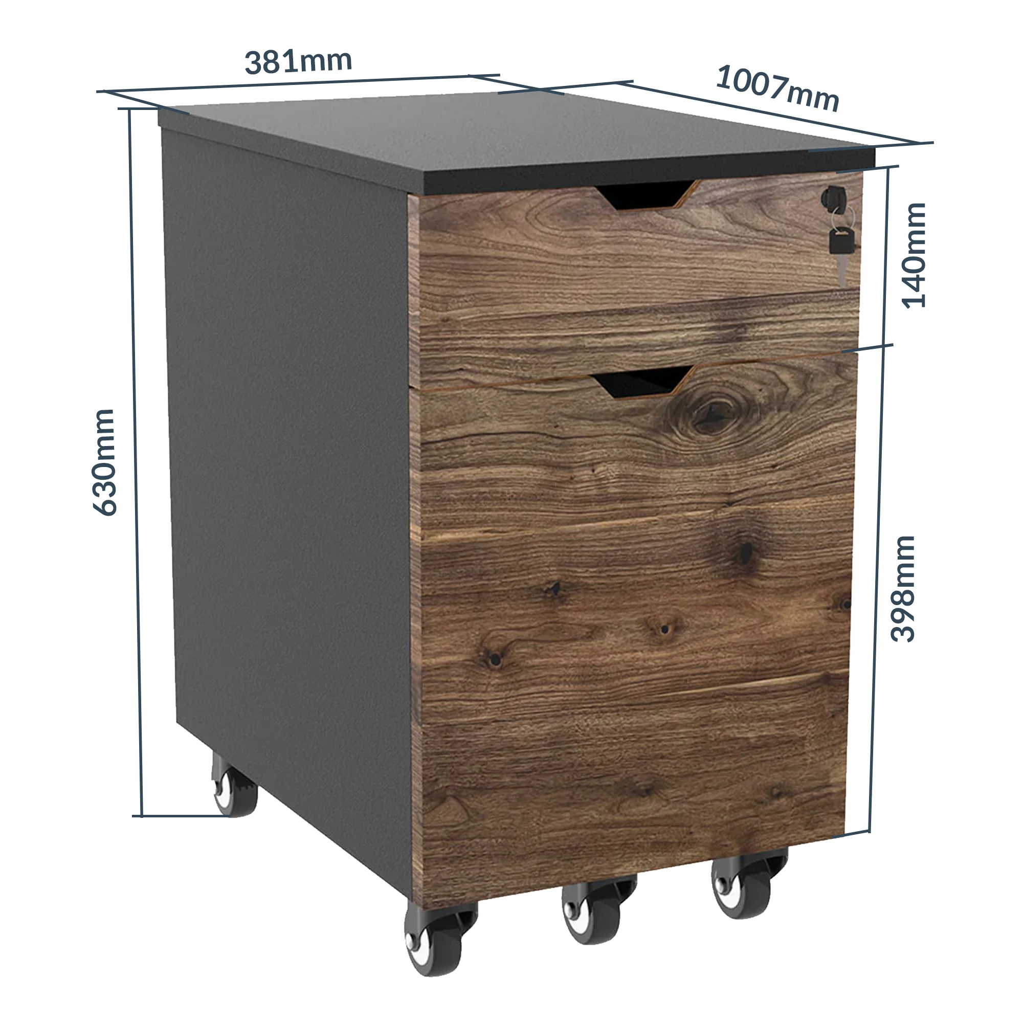Desky Minimal Wooden Filing Cabinet - Black / Hardwood Saman - Image 3