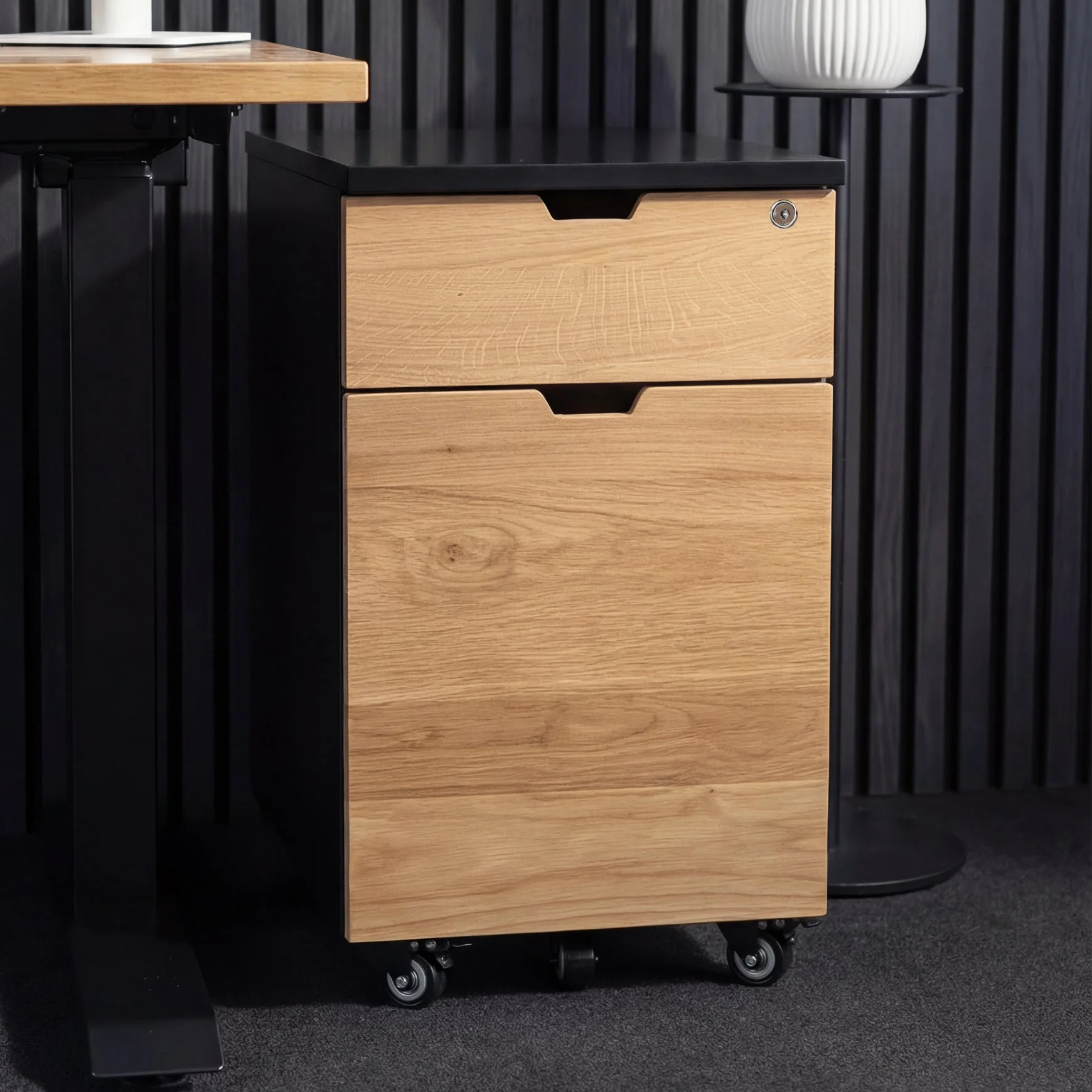 Desky Minimal Wooden Filing Cabinet - Black / Hardwood White Oak - Image 2