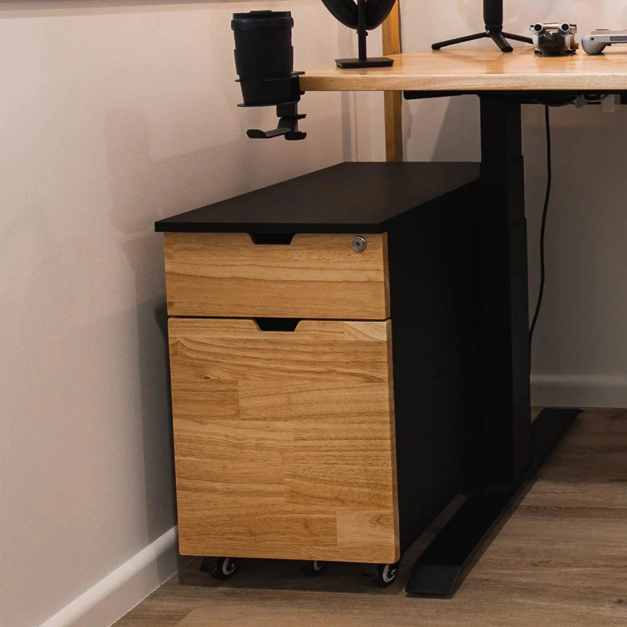 Desky Minimal Wooden Filing Cabinet - White / Melamine Burnished Wood - Image 5