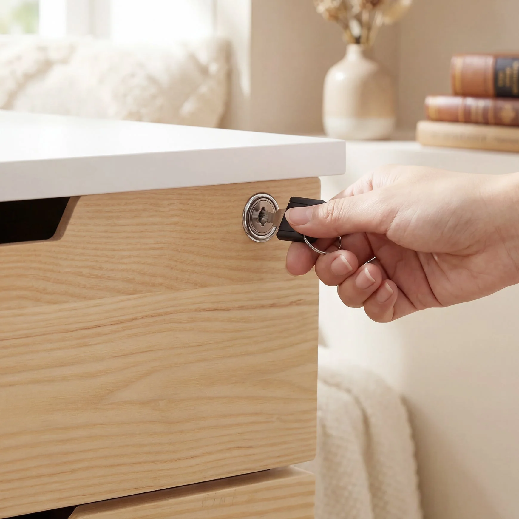 Desky Minimal Wooden Filing Cabinet - White / Softwood Acacia - Image 9