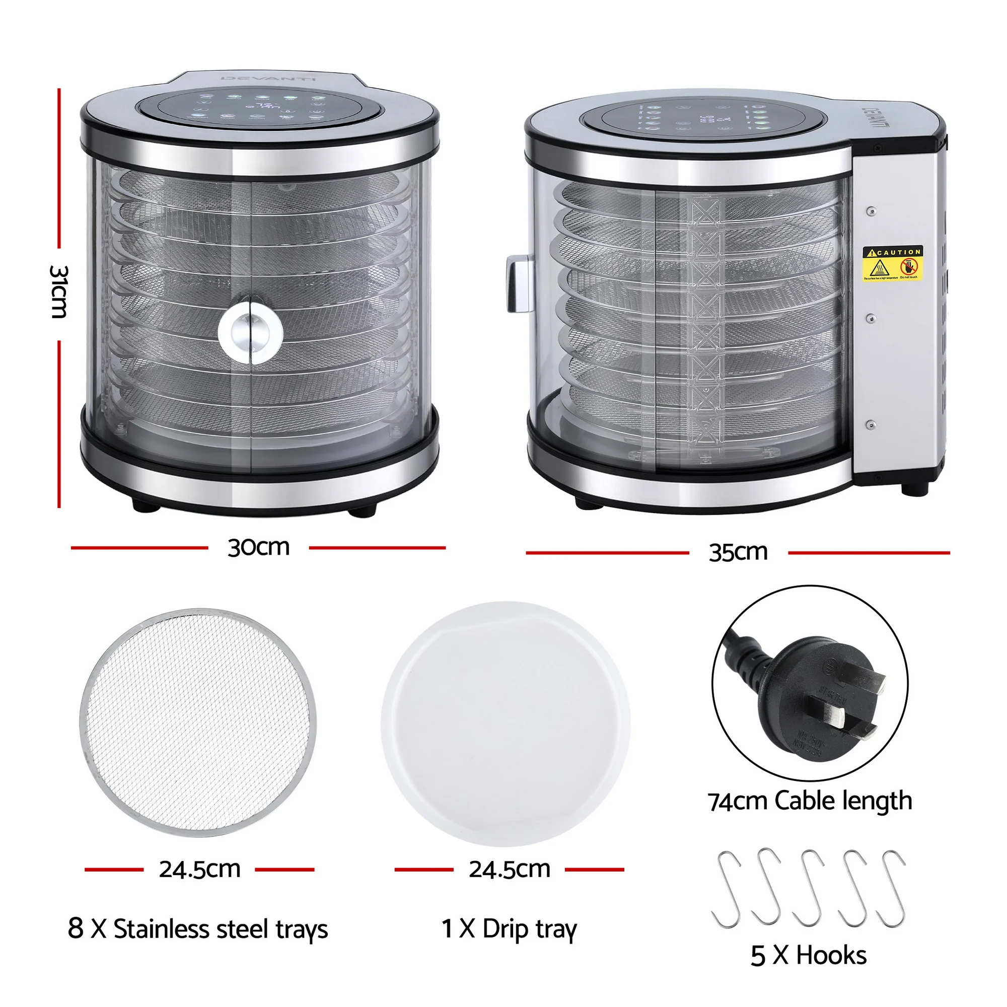 Devanti 8 Trays Food Dehydrator Stainless Steel Auto-Rotate 10 Programs 700W - Image 2