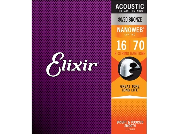 Elixir #11308 Acoustic Nanoweb 8 Guitar String Set 16-70 Baritone