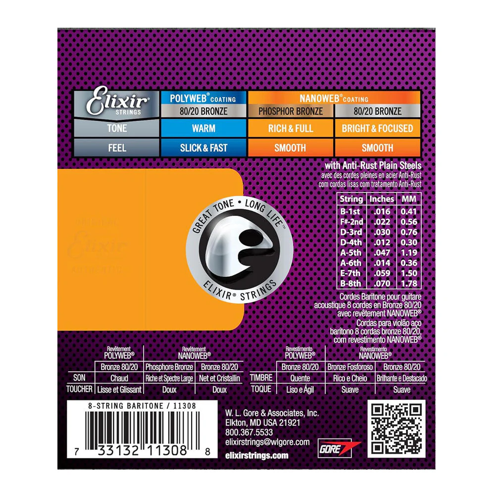 Elixir #11308 Acoustic Nanoweb 8 Guitar String Set 16-70 Baritone - Image 2