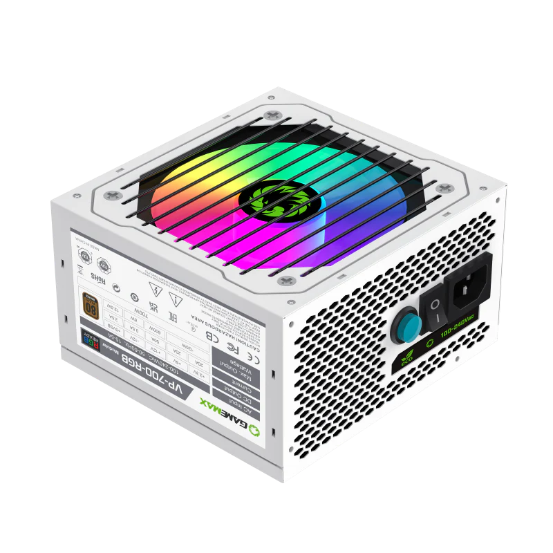 GameMax 700W White Power Supply - VP-700-RGB-M Semi-Modular PSU, 80 Plus Bronze, 120mm RGB Fan, Aura Sync Support, High Performance Gaming PSU