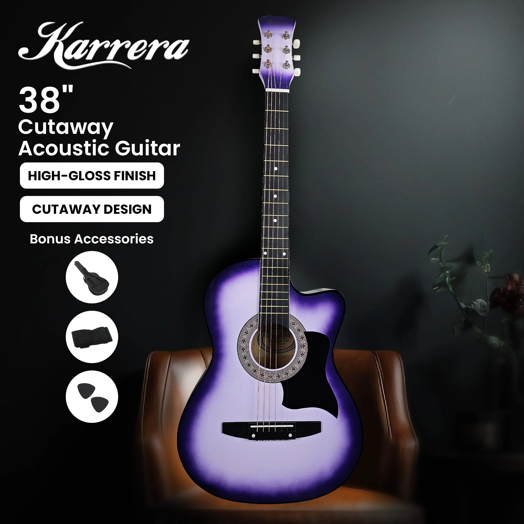 Karrera 38in Cutaway Acoustic Guitar with Carry Bag (Purple Burst) - Image 2