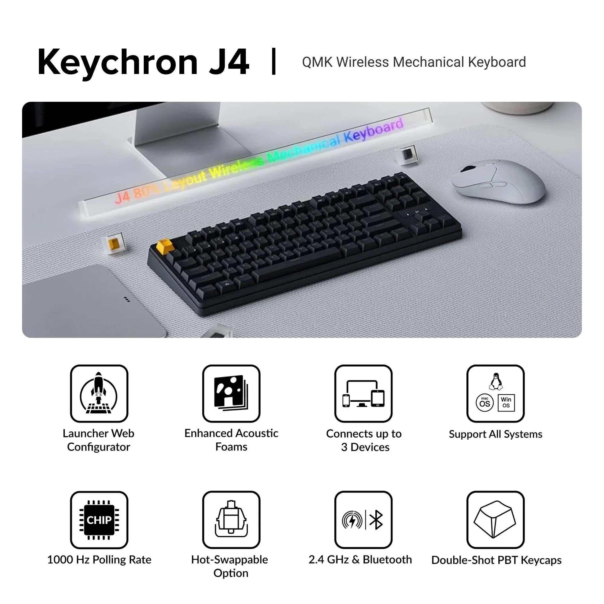 Keychron J4 QMK Hot-Swap Wireless Mechanical Keyboard - Dark Blue (Red Switch) - Image 3