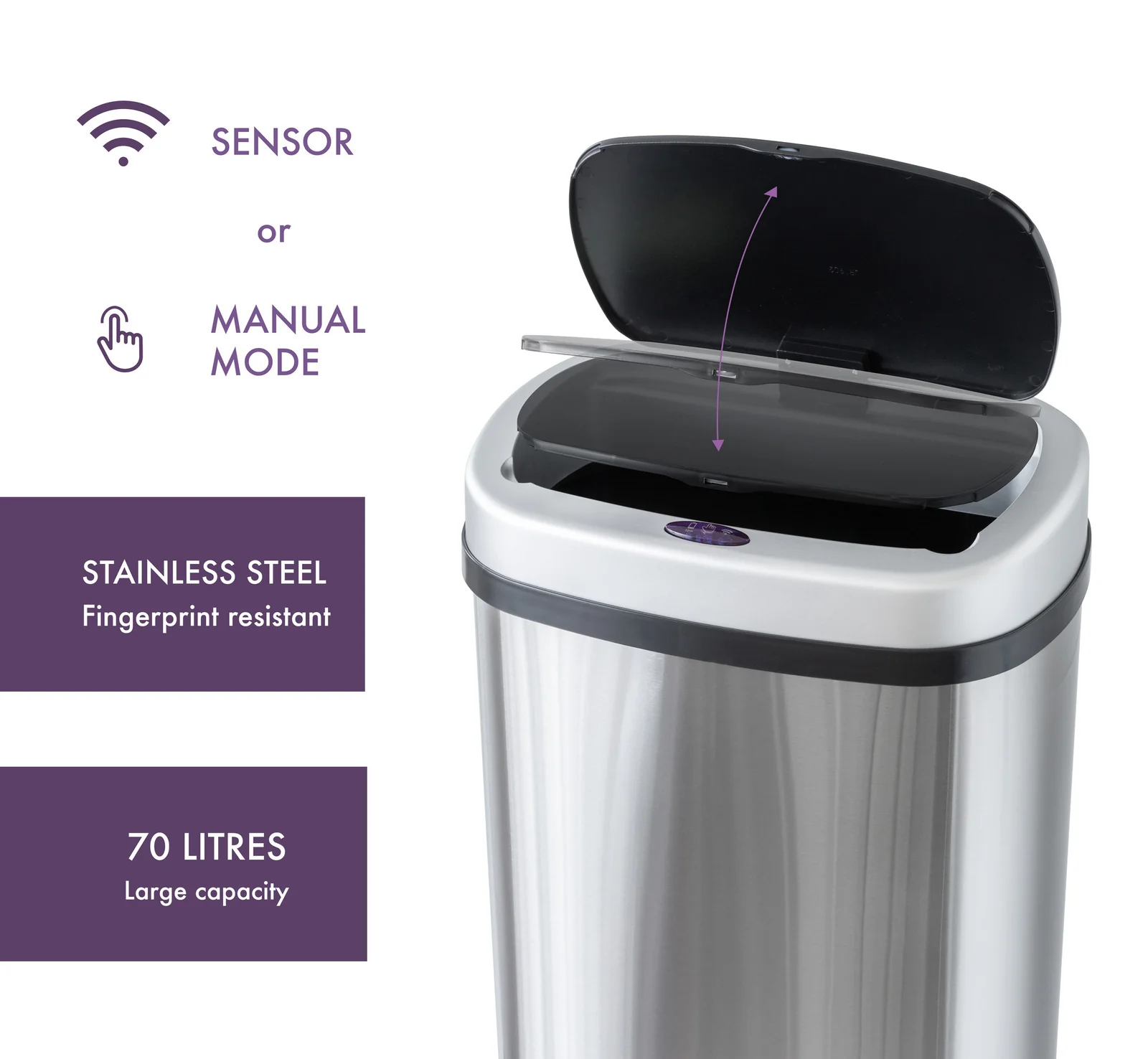 Lenoxx 70L Stainless Steel Motion Sensor Rubbish Bin - Image 5