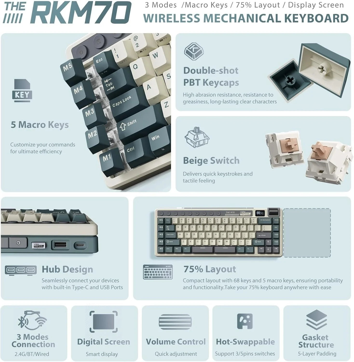 Royal Kludge RK M70 Tri Mode RGB Hot Swap Mechanical Keyboard with TFT Screen - Image 2