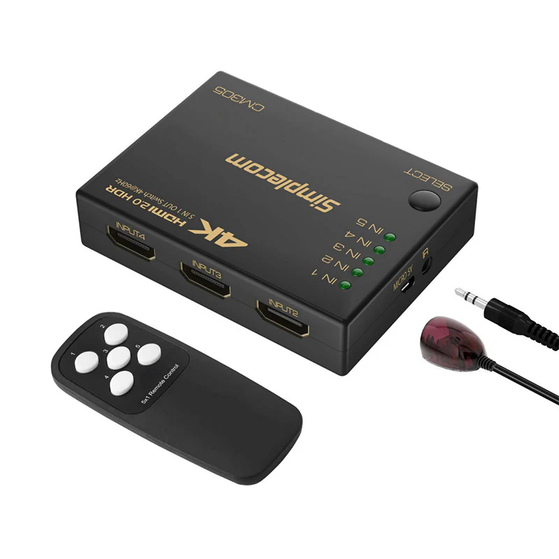 Simplecom CM305 UltraHD 5 Way HDMI Switch with 5-in-1 Out Splitter