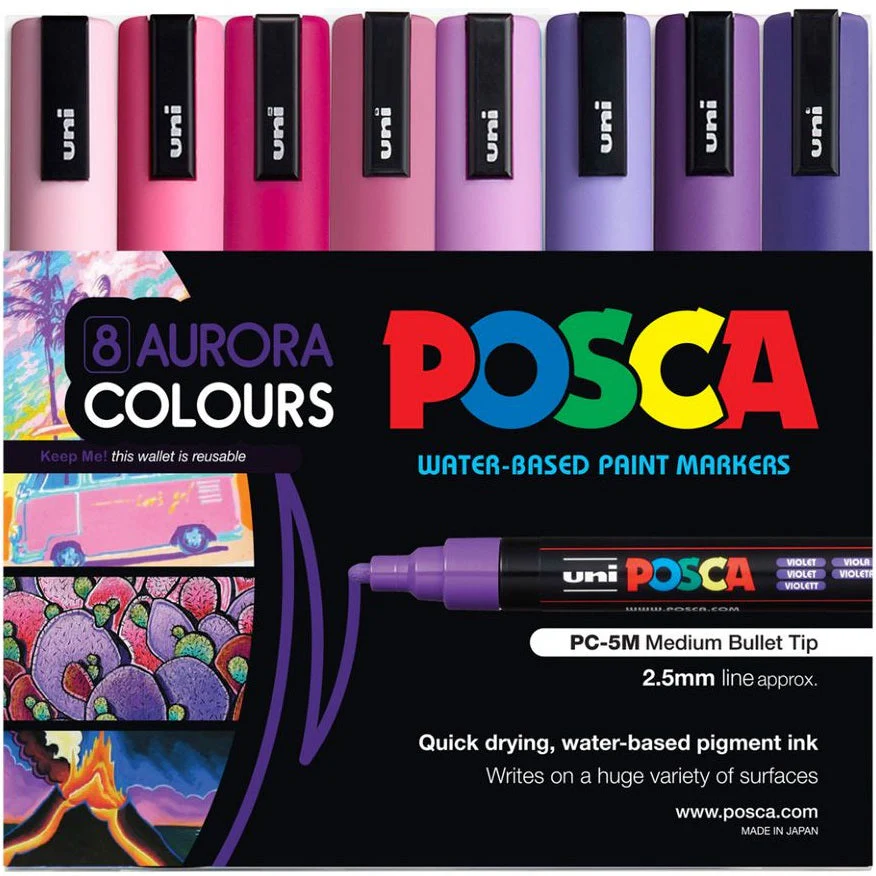 Uni POSCA PC-5M Paint Markers Bullet Tip Medium 8 Colour Pack (Aurora Pink Purple)