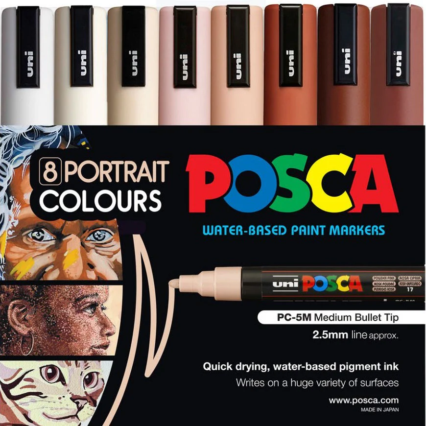 Uni POSCA PC-5M Paint Markers Bullet Tip Medium 8 Colour Pack (Portrait Colours)